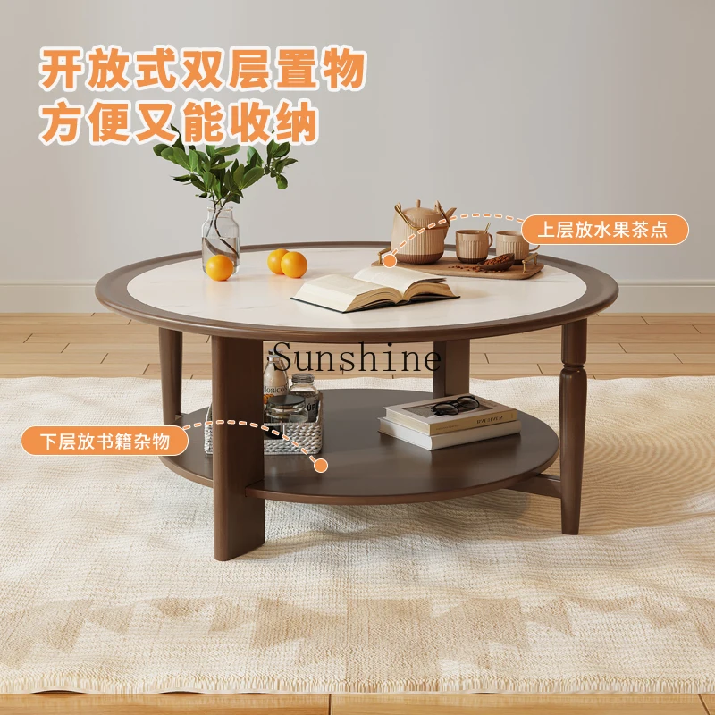 Retro solid wood coffee table combination living room household small apartment sofa round rock slab