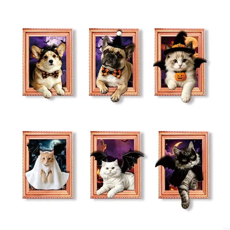 Halloween Pet Portrait Fridge Magnet with Layered Framed 3D Look, Note Holders Decors for Refrigerator Kitchen B03E