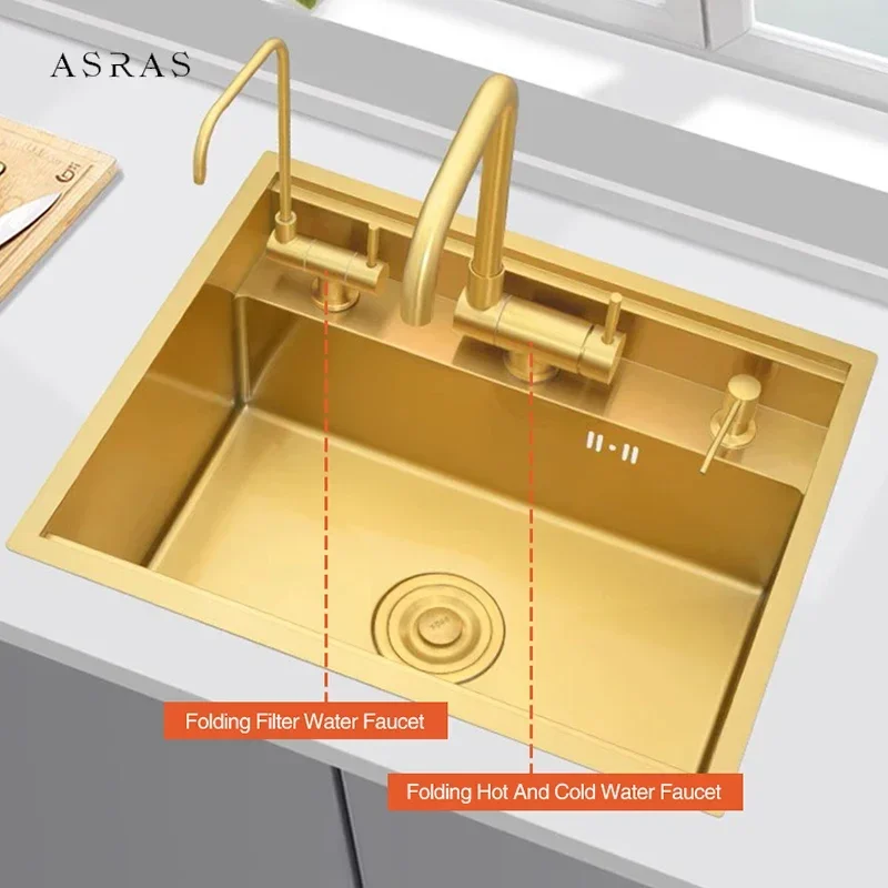 Nanometer Gold Double Cover Cloaking Kitchen Sink 304 Stainless Steel 3 Holes Handmade Single Large Size Kitchen Hidden Sinks