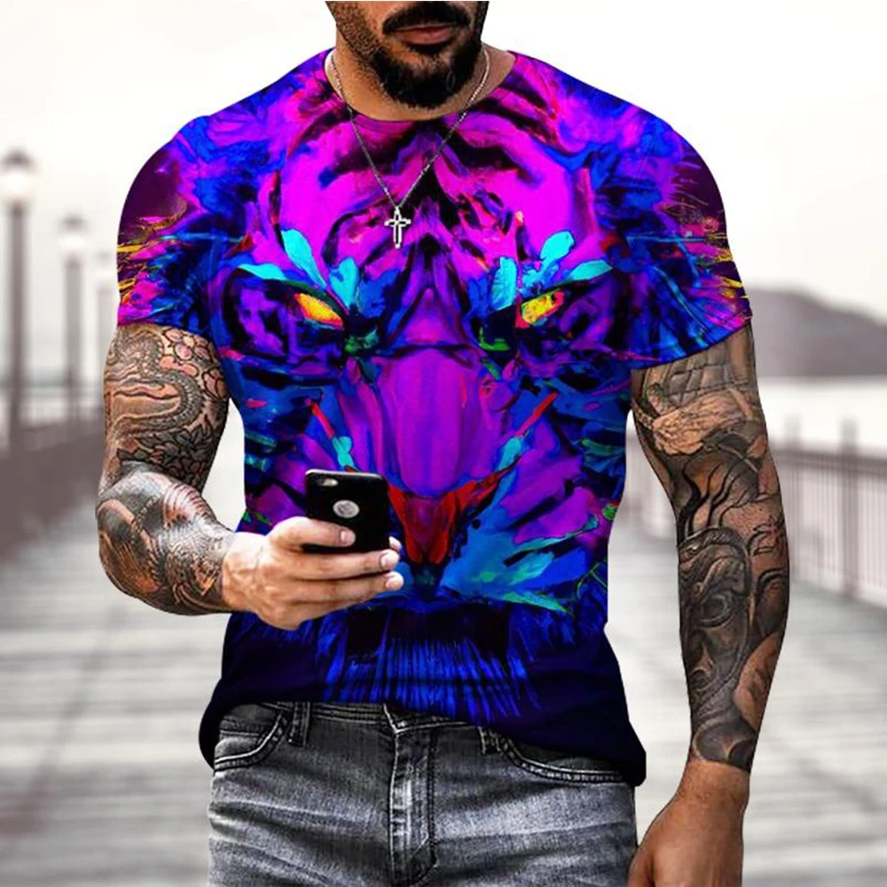 Summer Tees Tops 3D Tiger Print Men\'s T-Shirt Casual Animal Pattern T Shirt Streetwear Quick Dry Fashion Oversized Clothes