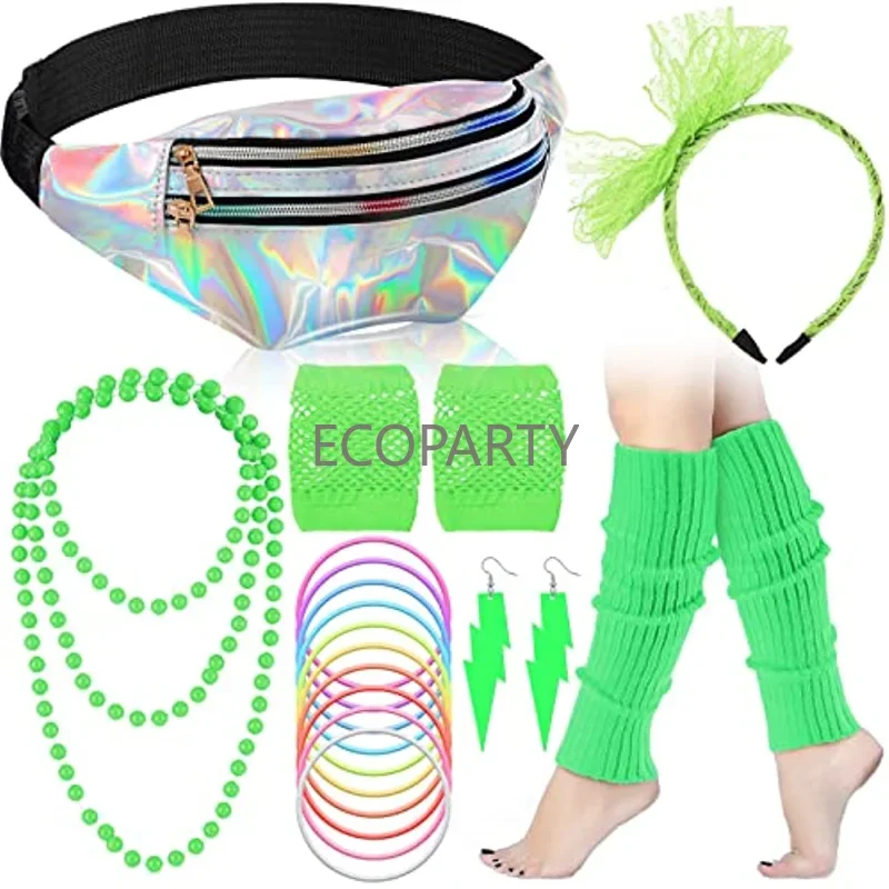 2023 Handepo 19 Pcs 80s Costume Accessories Holographic Fanny Pack Leg Warmers Lace Headband Earrings Gloves Necklace Bracelet