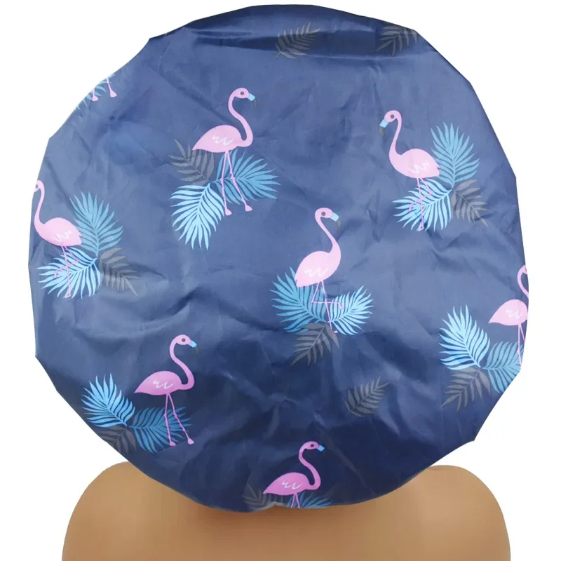 Shower Caps Large Adjustable Reusable Double-Layer Blue Flamingo Waterproof Bath Caps for Women Girls Braids SPA Long Hairs Care