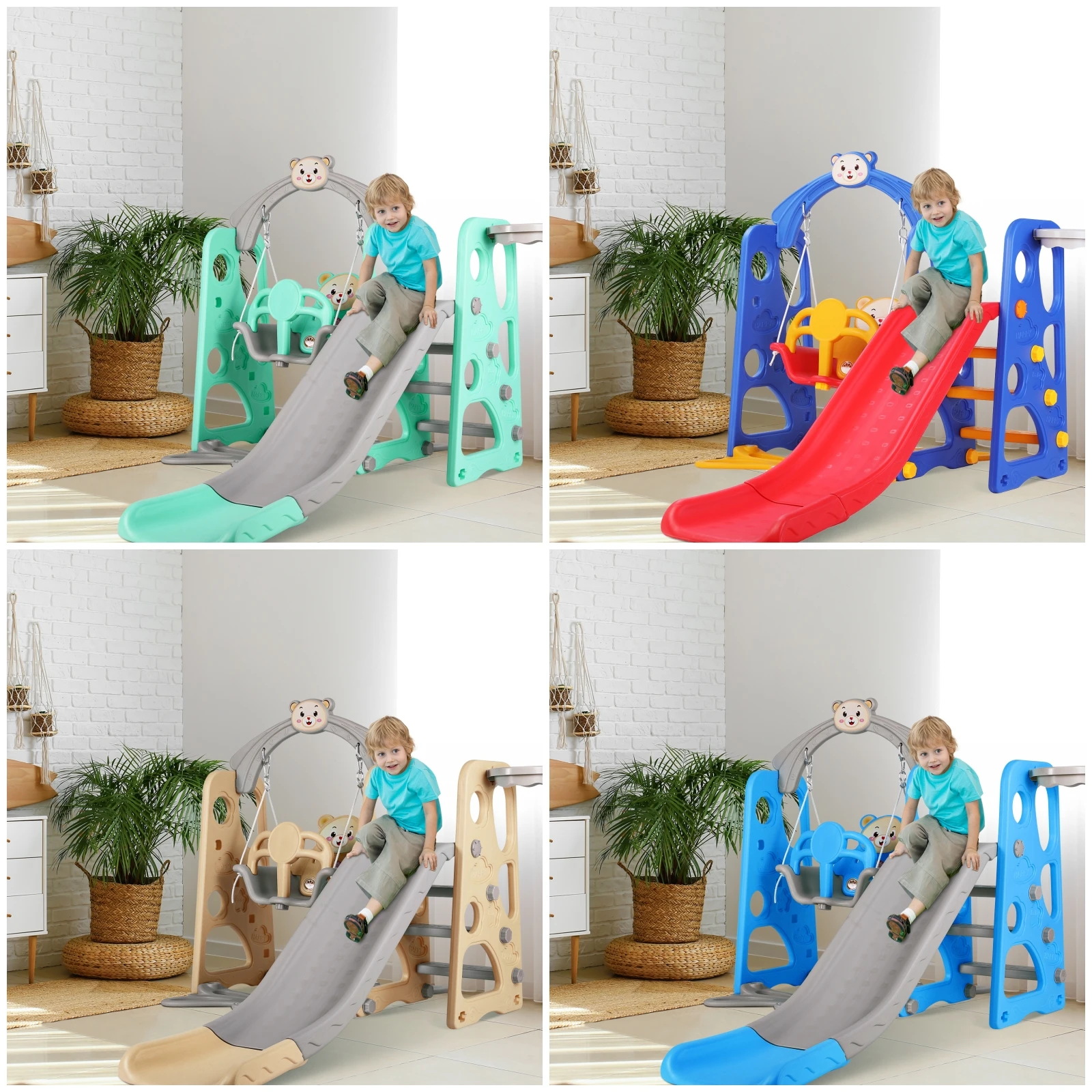 

4 in 1 Toddler Slide and Swing Set, Kids Play Climber Slide Playset with Belt, Basketball Hoop for Indoor Outdoor Backyard