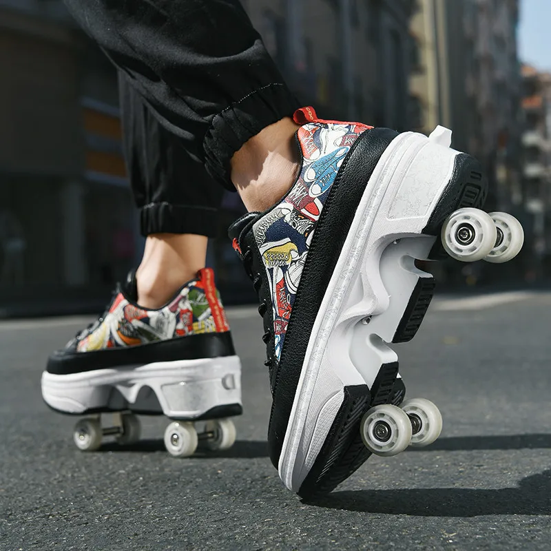 Deformation Roller Skate Shoes Professional Double Row 4-Wheel Skates Outdoor Parkour Deform Sneakers With 4 Wheels Shoes Gift