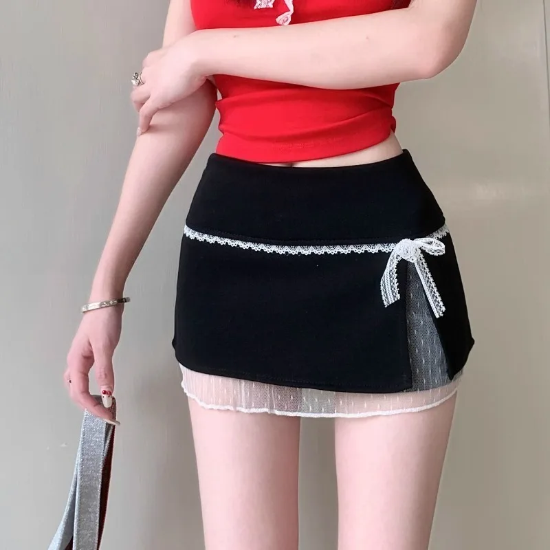 

New Bow Lace Mini Skirt Women Summer Y2k Sexy Solid Color High-waisted Versatile Short Skirts Korean Style Vintage A-line Skirts