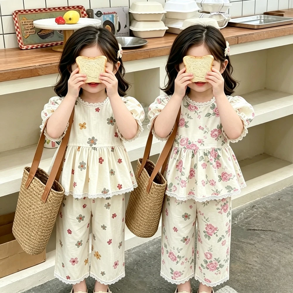 

Two Piece Set of Summer Flower Print Korean Version Girls' Clothing with Bubble Sleeves Round Neck Top and Pants Kids Clothes