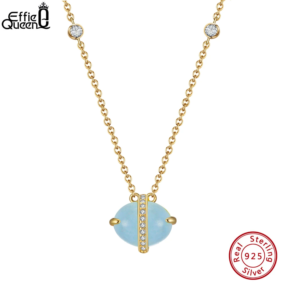 Effie Queen 100% Natural Aquamarine Pendant Solid 925 Silver Gemstone Necklace for Women Girls 14K Gold Plated Jewelry GMN04