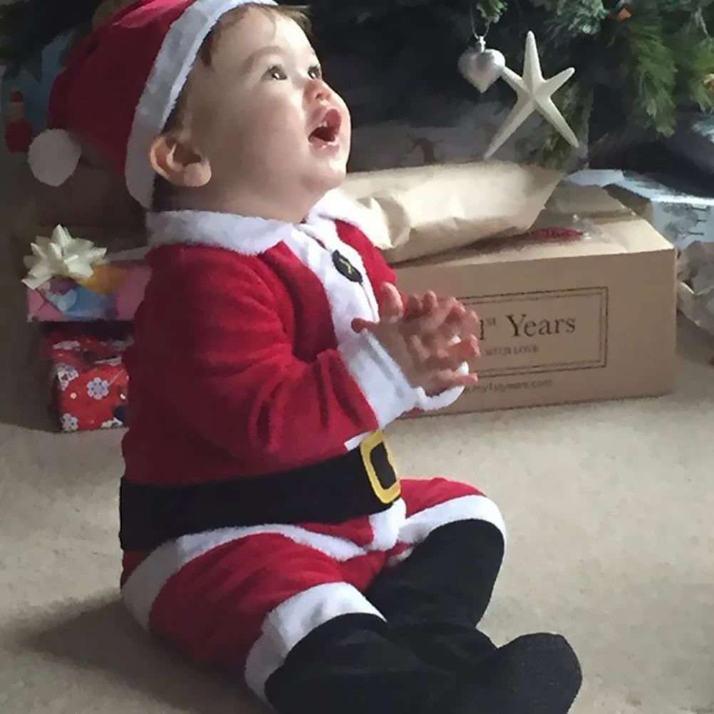 

4 Pieces Baby Christmas Clothing Suits Long Sleeves Santa Claus Costumes 80 Cm Cotton Hat Jacket Pants Shoes Gifts