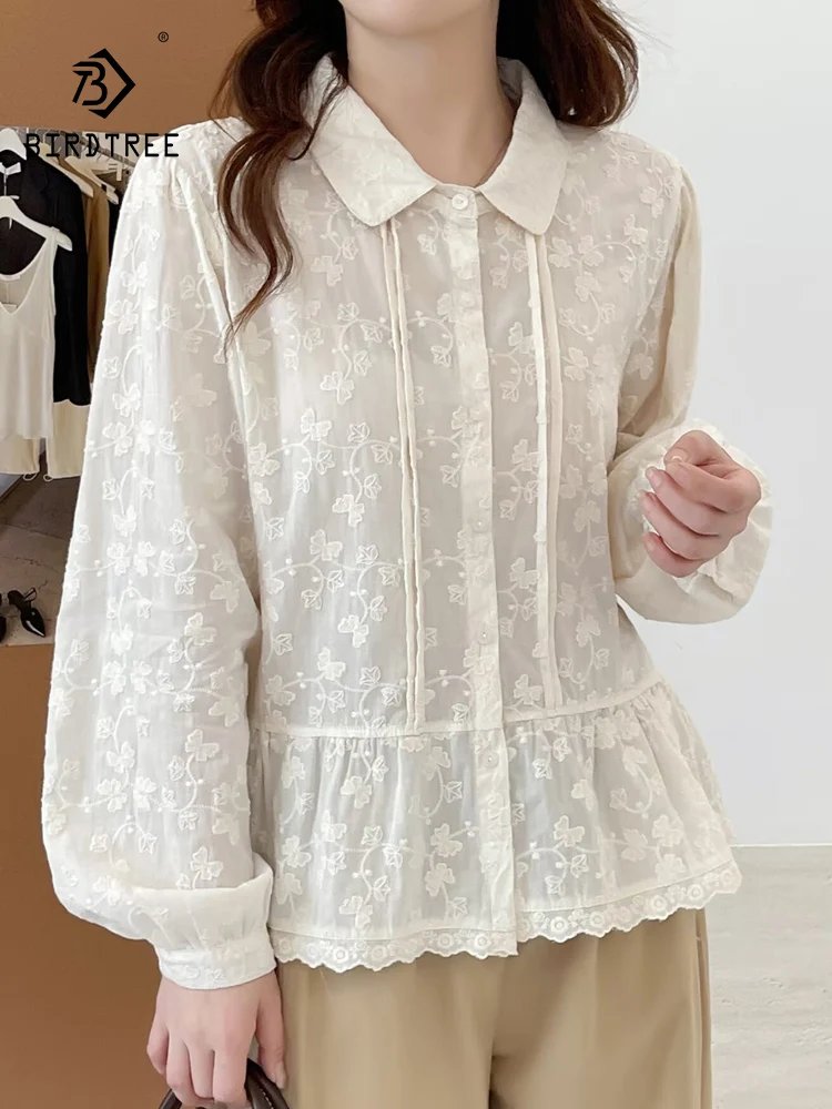 

New 2026 Spring Cotton Long Sleeve Shirt, Women Turn-down Collar Embroidery, Mori Girl French Chic Fairy Loose Blouse T5D718CC