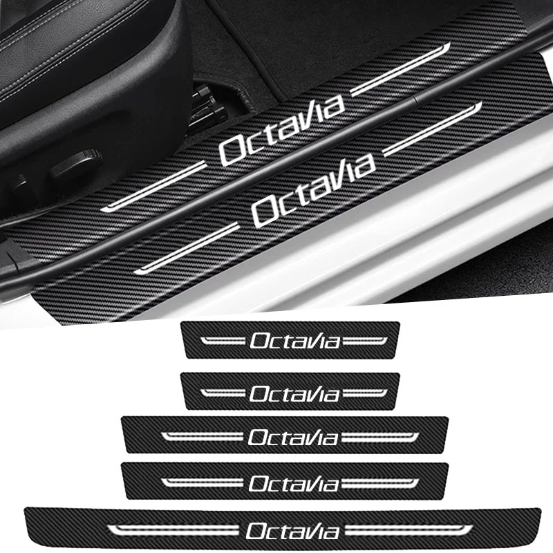 Carbon Fiber Car Door Sill Stickers Threshold Waterproof Decals for Skoda OCTAVIA Logo Rear Trunk Bumper Door Edge Guard Stirps