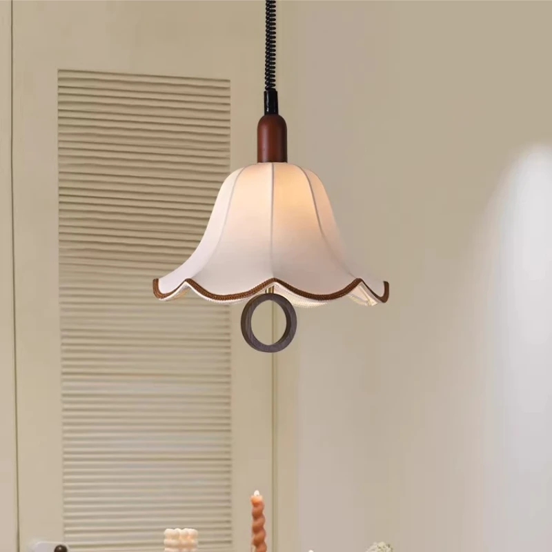 

French Retro Fabric Retractable Pendant Light Restaurant Bar Counter Dining Table Bedroom Study Romantic Atmosphere Hanging Lamp
