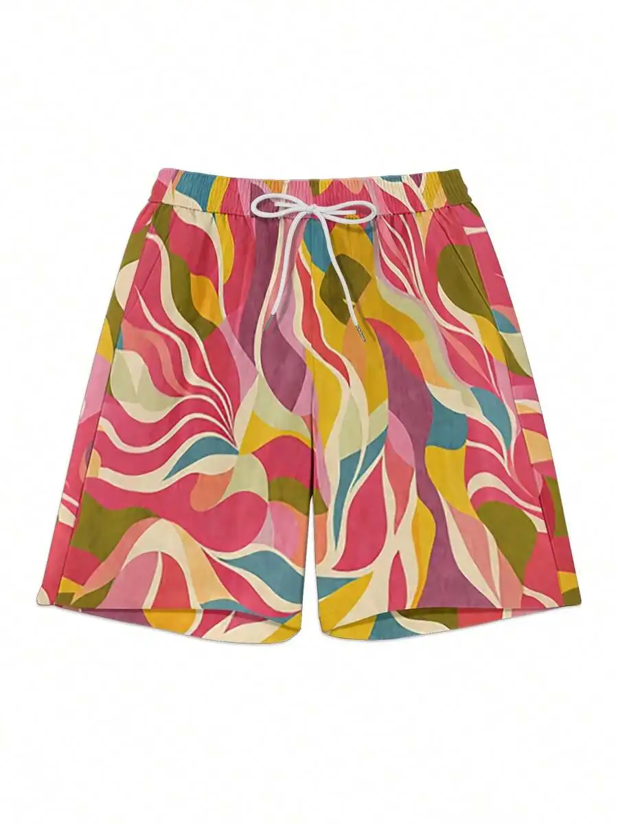 

Mens Casual Summer Beach Shorts With Abstract Wavy Pattern And Color Blocking