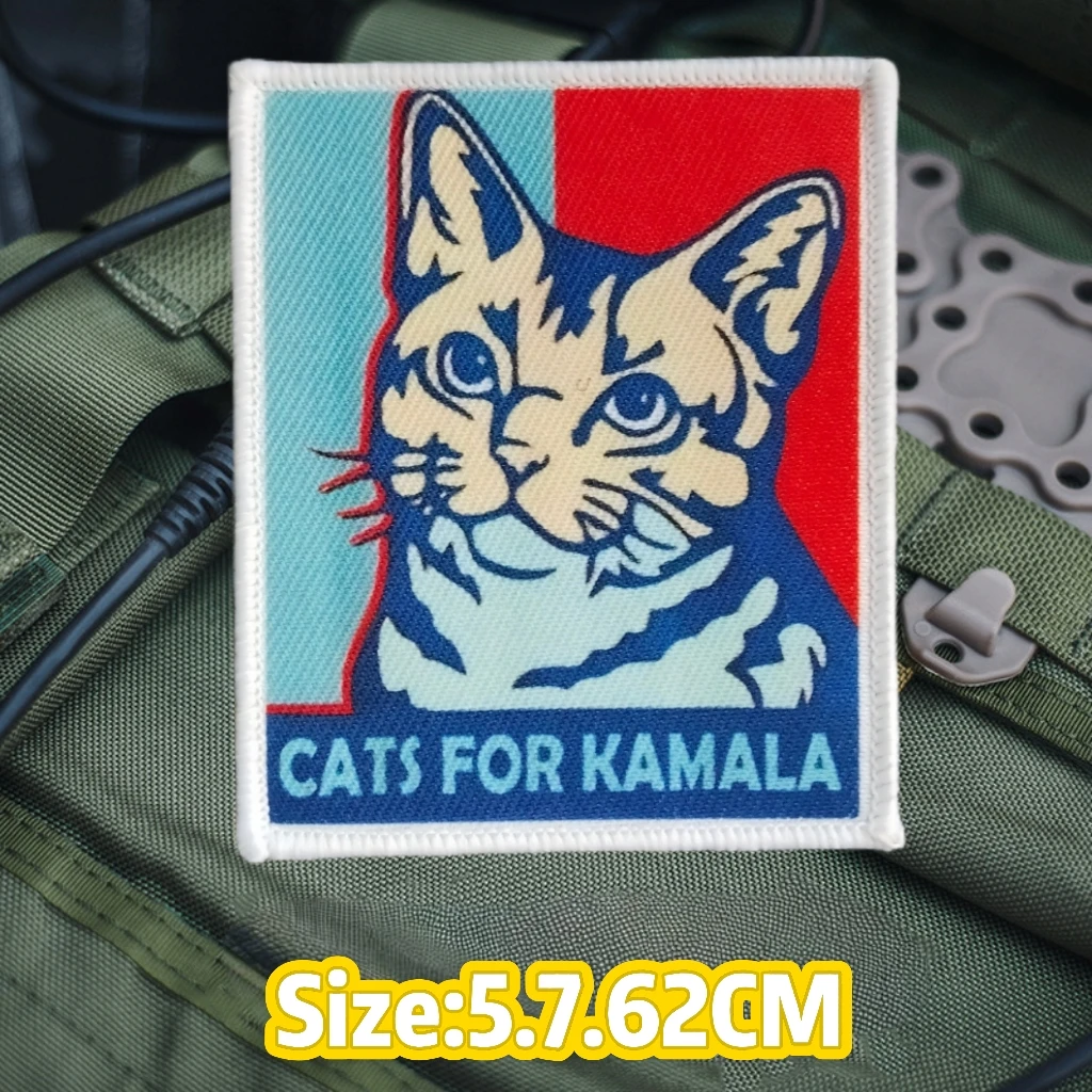 Cats for Kamala Square Printed Patch Cartoon Cat Head Tactical Morale Badge Outdoor Backpack Hats Stickers Patches for Clothing