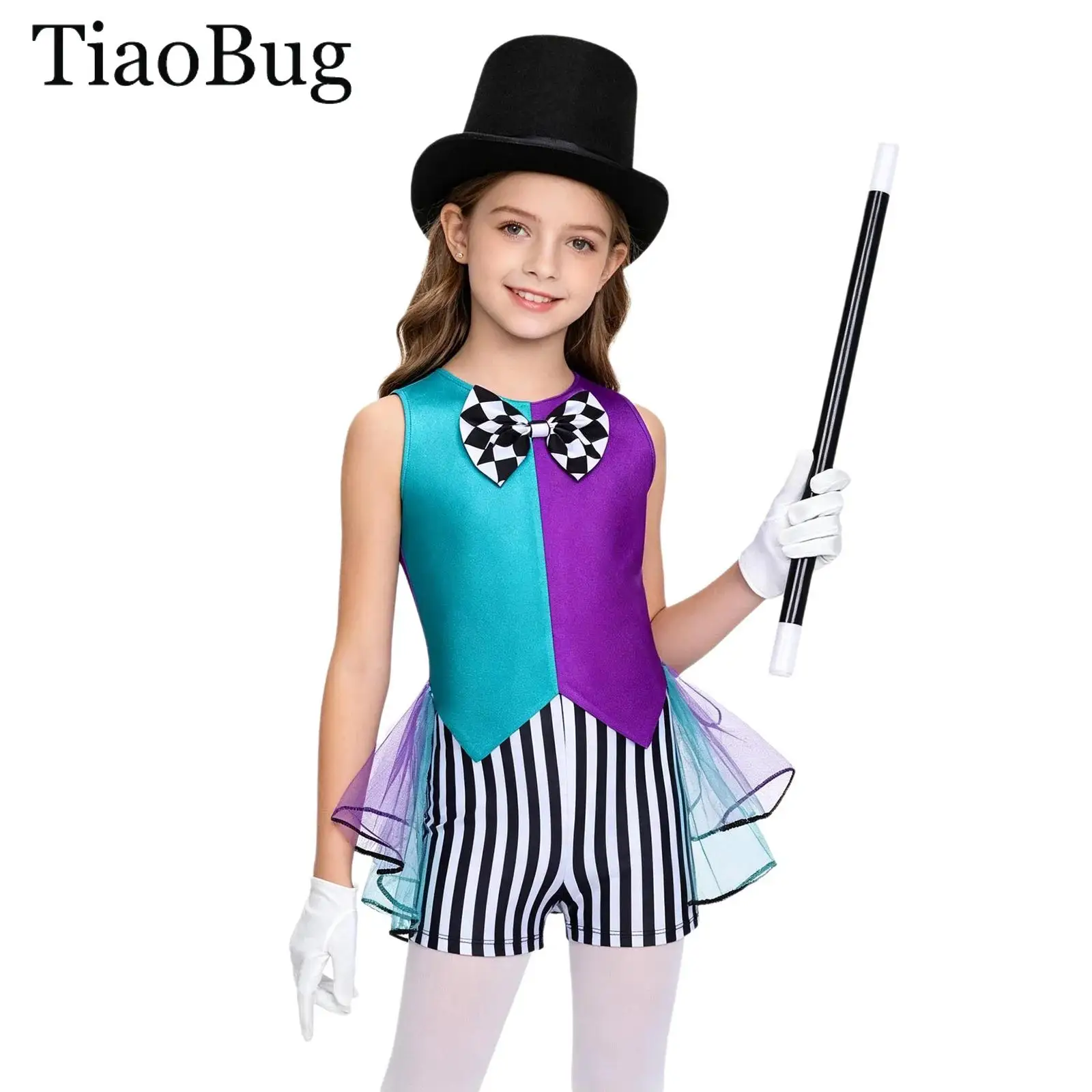 

Костюм для девочек: цирковой клоун, фокусник, с шахматными полосками, туту, боди, унитард, цилиндр, перчатки, волшебная палочка