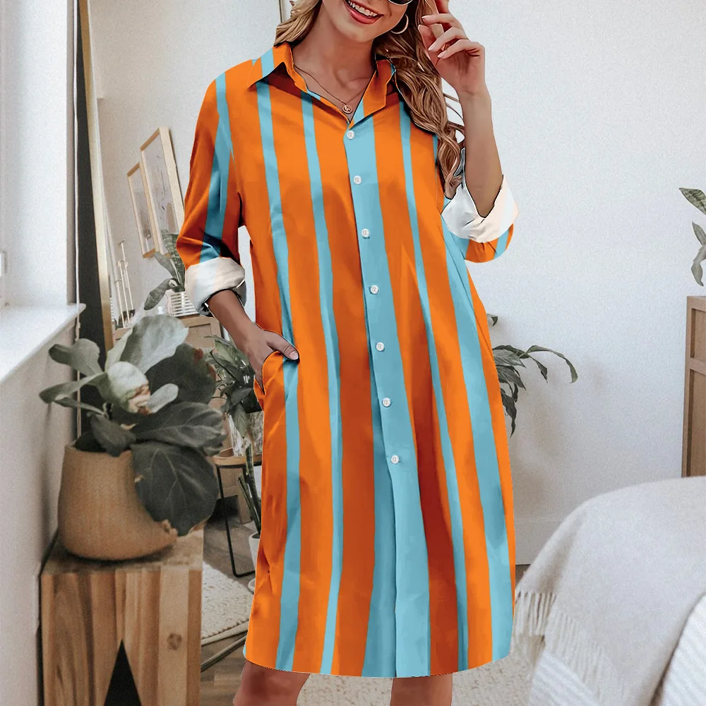 Women\'s Summer Refreshing Simple Casual Dress Vertical Stripes Color Long Skirt Lapel Shirt Dress Home Comfort 2024 Latest Model