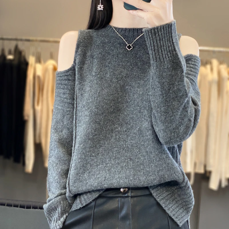 ผู้หญิง 100% เสื้อขนสัตว์บริสุทธิ์รอบคอหลวม Off-The-Shoulder ถัก Pullovers แฟชั่น WARM PIT Strip เสื้อฤดูใบไม้ร่วงเสื้อหนา