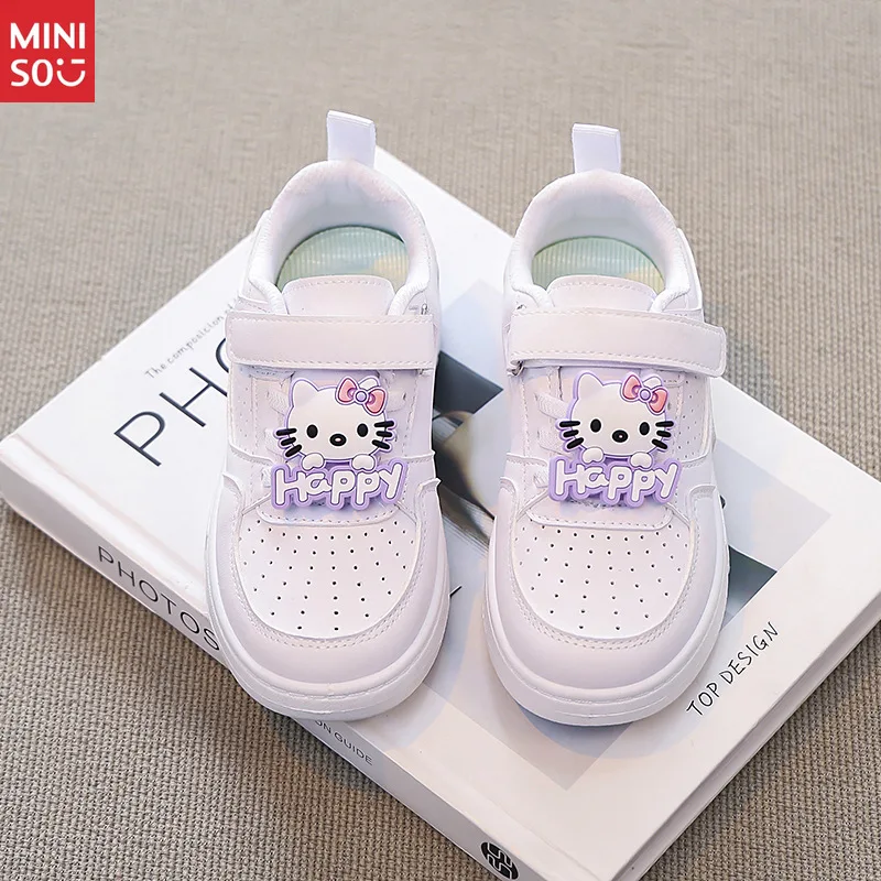 

Miniso 2025 Girls Low Top Hello Kitty Canvas Shoes, Hook Loop Leather Plush Casual Sneakers Fashion