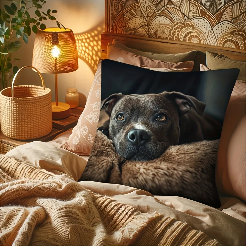 1pc Staffordshire Terrier Dog Portrait Double‑Sided Print Pillow Cover, Cushion Case for Sofa Bedroom, Insert Not Included