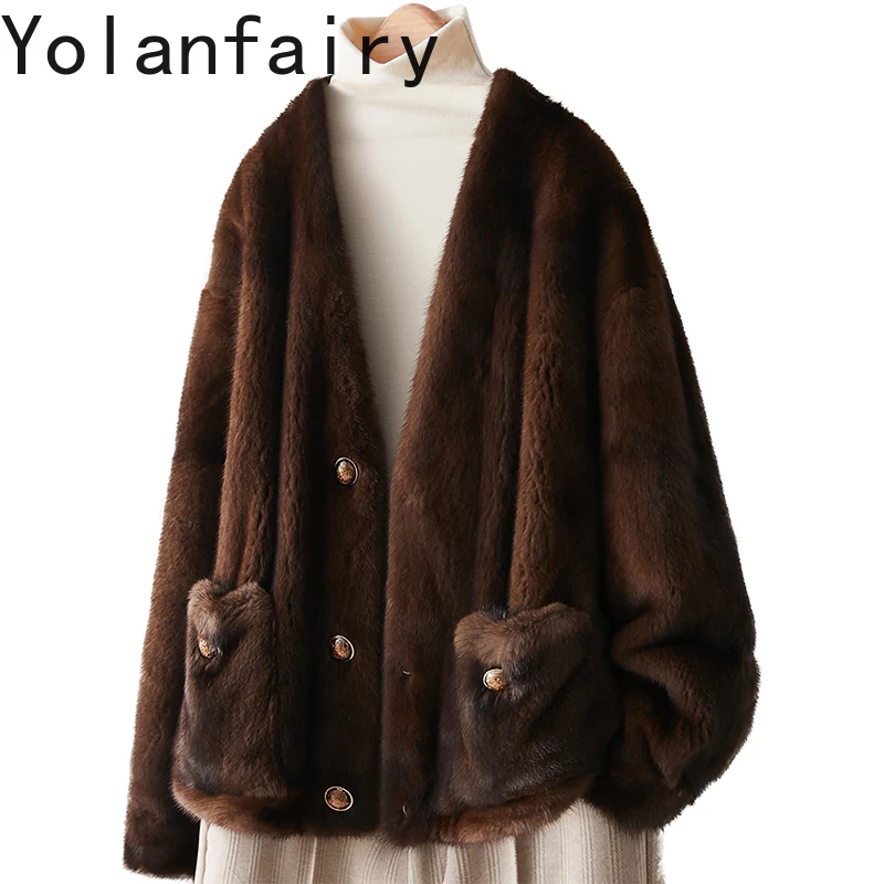 YOLANFAIRY Natural Fur Coat Woman Real Mink Fur Jacket Autumn Winter Luxury Elegant V-neck Short Mink Fur Coats Abrigos Mujer