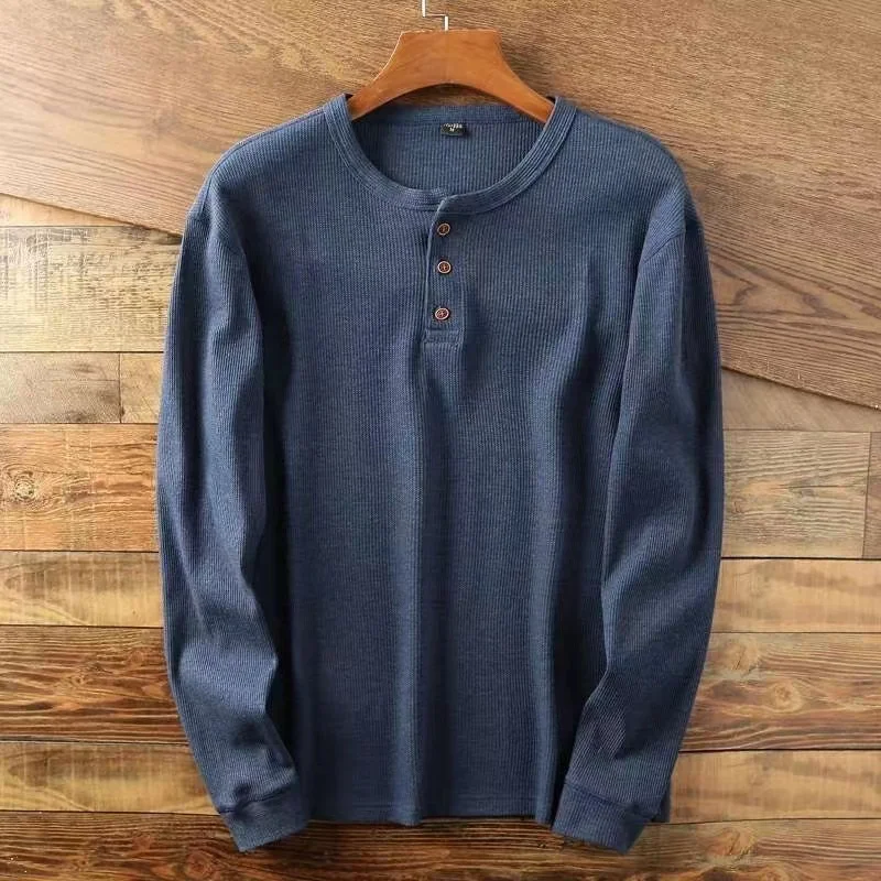 Slim Fit Mens Basic Tee Casual Tshirts Henley Waffle Long Sleeve Shirts Thermal Solid Half Button Breathable 100% Cotton Shirts