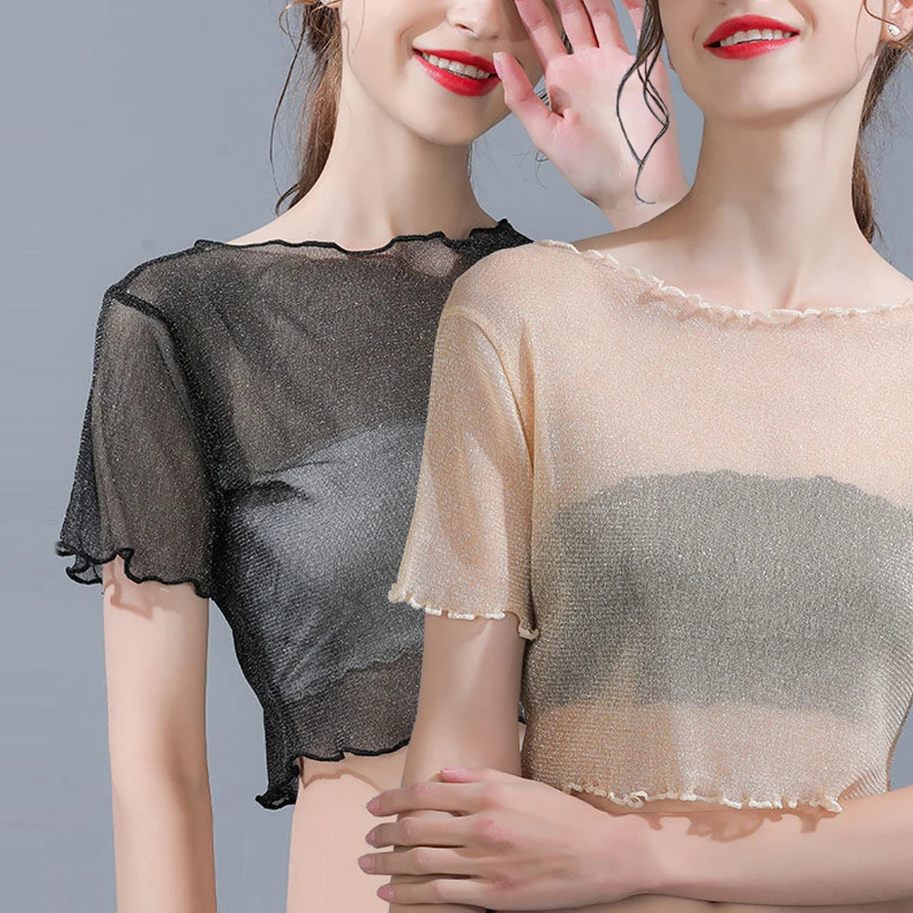 2pcs 1set Sexy Y2K T Shirt Shiny Mesh Crop Top Women   Pink Grey Black White O-neck With Fungus Shirts Transparent Girls Blouses