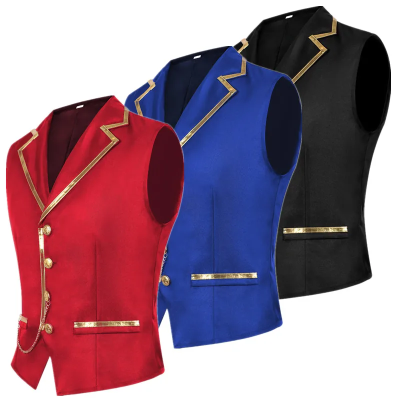 Europe American Men Solid Colour Splicing Thin Suit Vest Red / Blue / Black Fashion Singer Stage Performance Dress Waistcoat
