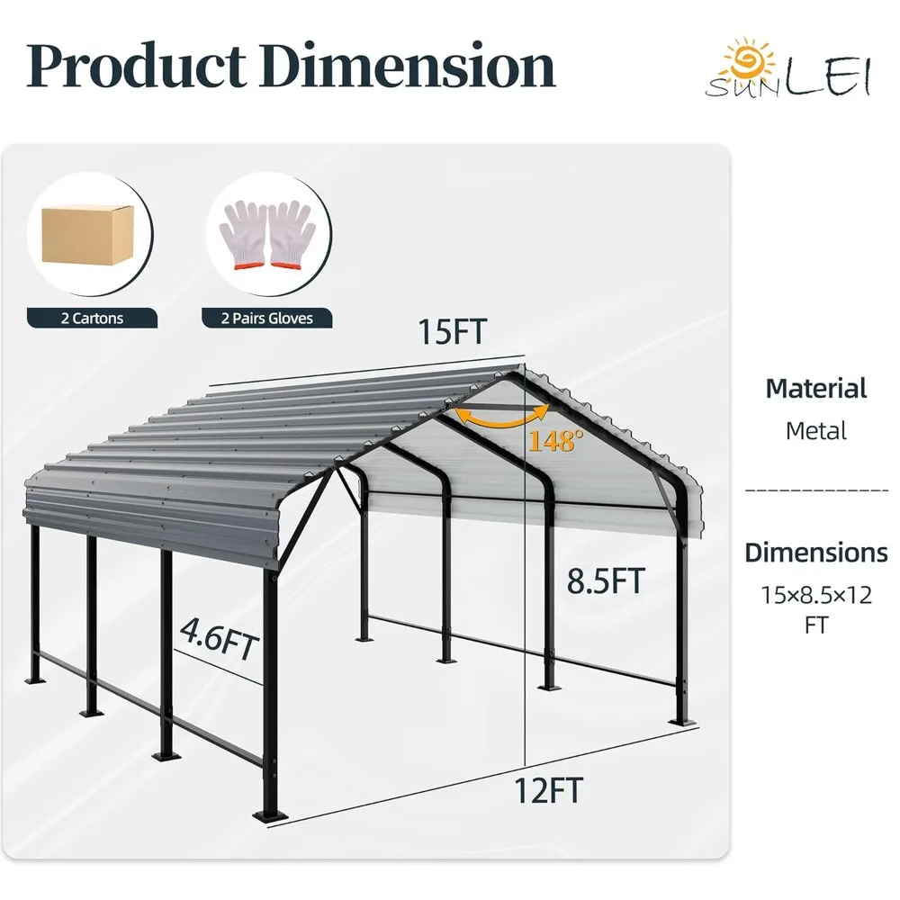 

12x15 Ft Carport, Heavy-duty Carport Canopy, Galvanized Steel Roof and Frame, Extra-large Carport Garage.