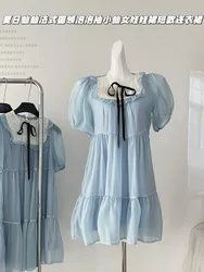 New Design Elegant Blue One-Piece Frocks Sleeveless Women Ruffled A-Line Dress Puff Sleeve Office Lady Birthday Dress Banquet