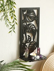 Wooden Wall Shelf Black Gothic Rectangular Hollow Leaf Pattern Floating Shelves Crystal Shelf Display Goth Witch Gift Home Decor