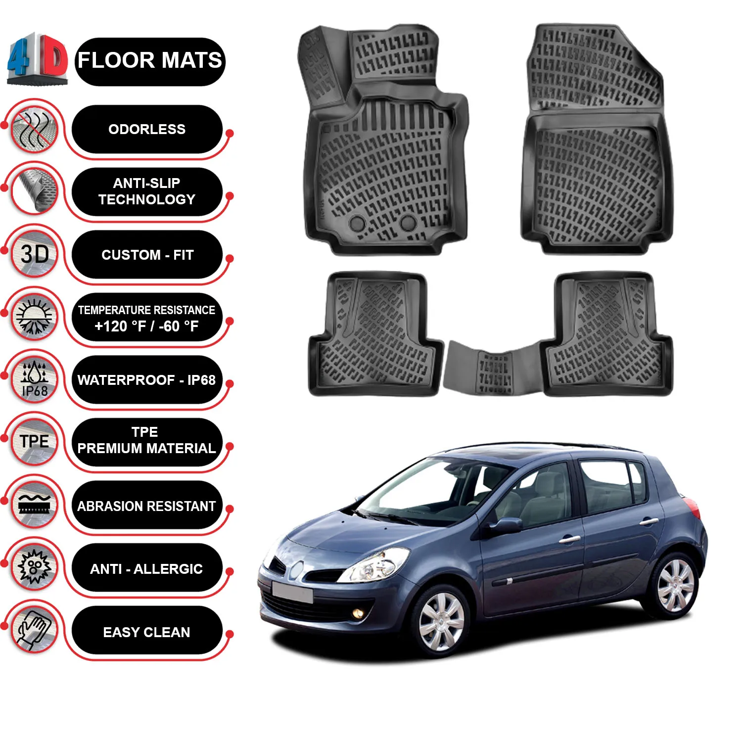 Renault Clio - (2006-2012) Floor Mats Liner Waterproof 3D - (Black)