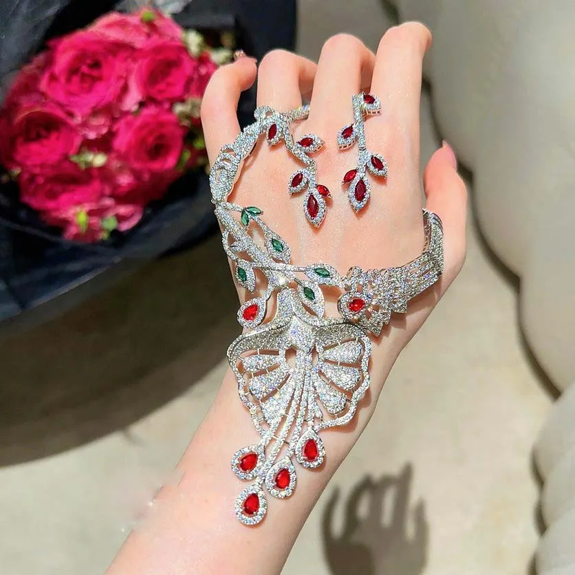 

2023 Women Papalacha Flower Gem Necklace Plated with 18K Gold Lady Magenta Thistle Zircon Earrings