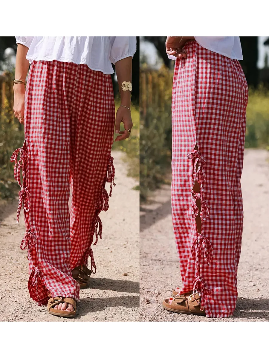 Women Plaid Pants Tie-Up Wide Leg Pants Casual Sweatpants Bottoms for Streetwear