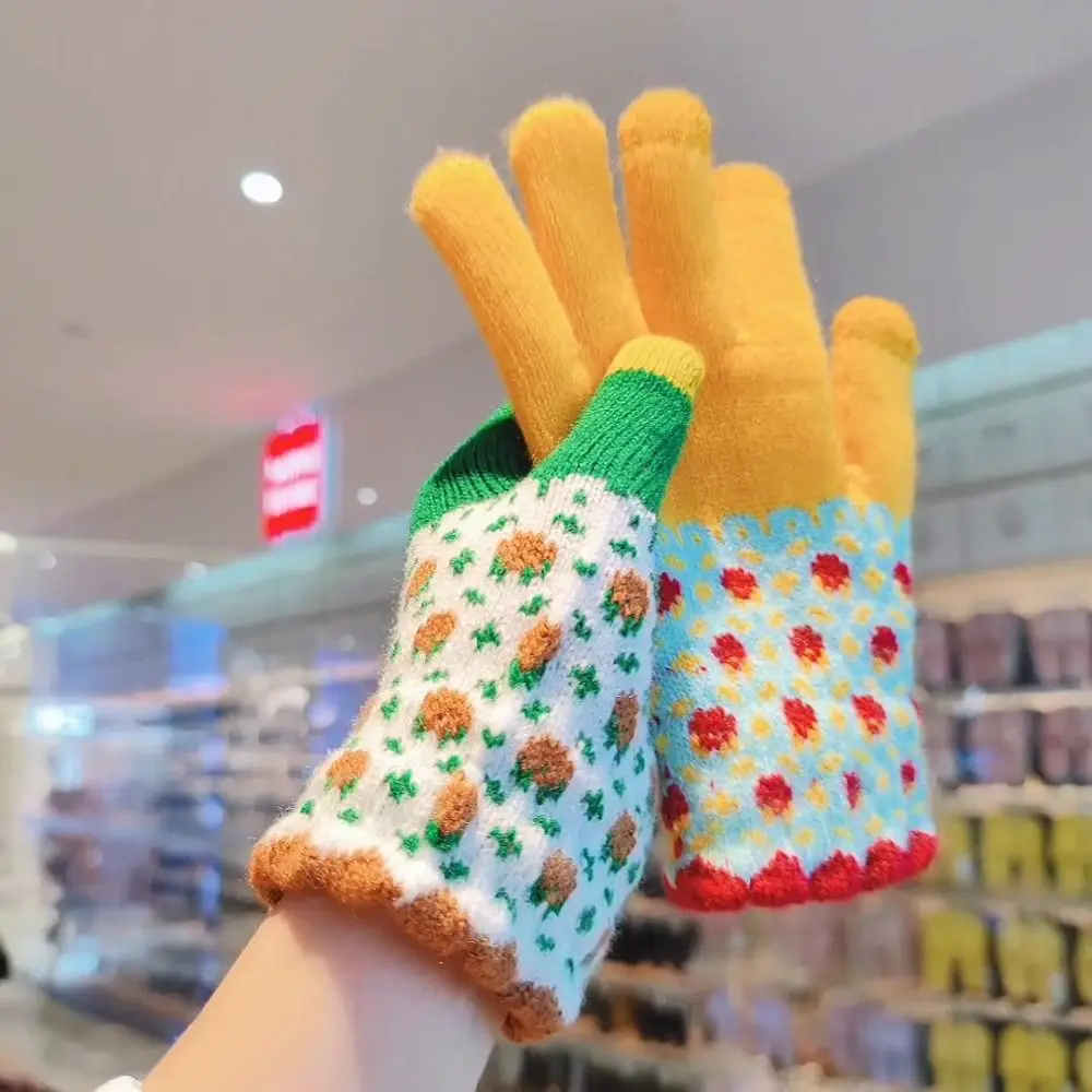 لطيف ملون زهرة نمط قفازات نسائية سميكة تقليد الكشمير قفازات دافئة يندبروف قفازات شاشة لمس الطلاب