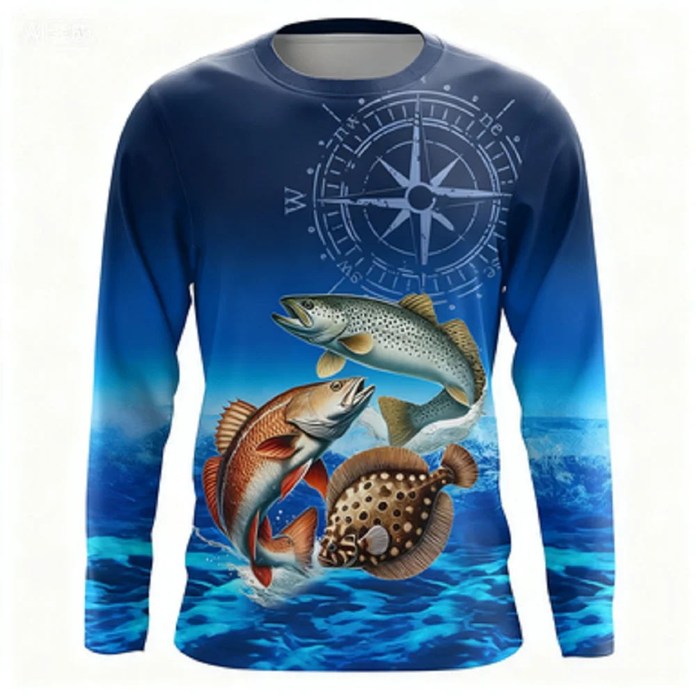 

Dark Blue 3D Printed Fishing Clothes Sunscreen Breathable And Quick-Drying Long-Sleeved Shirt Outdoor Casual Sports Equipment