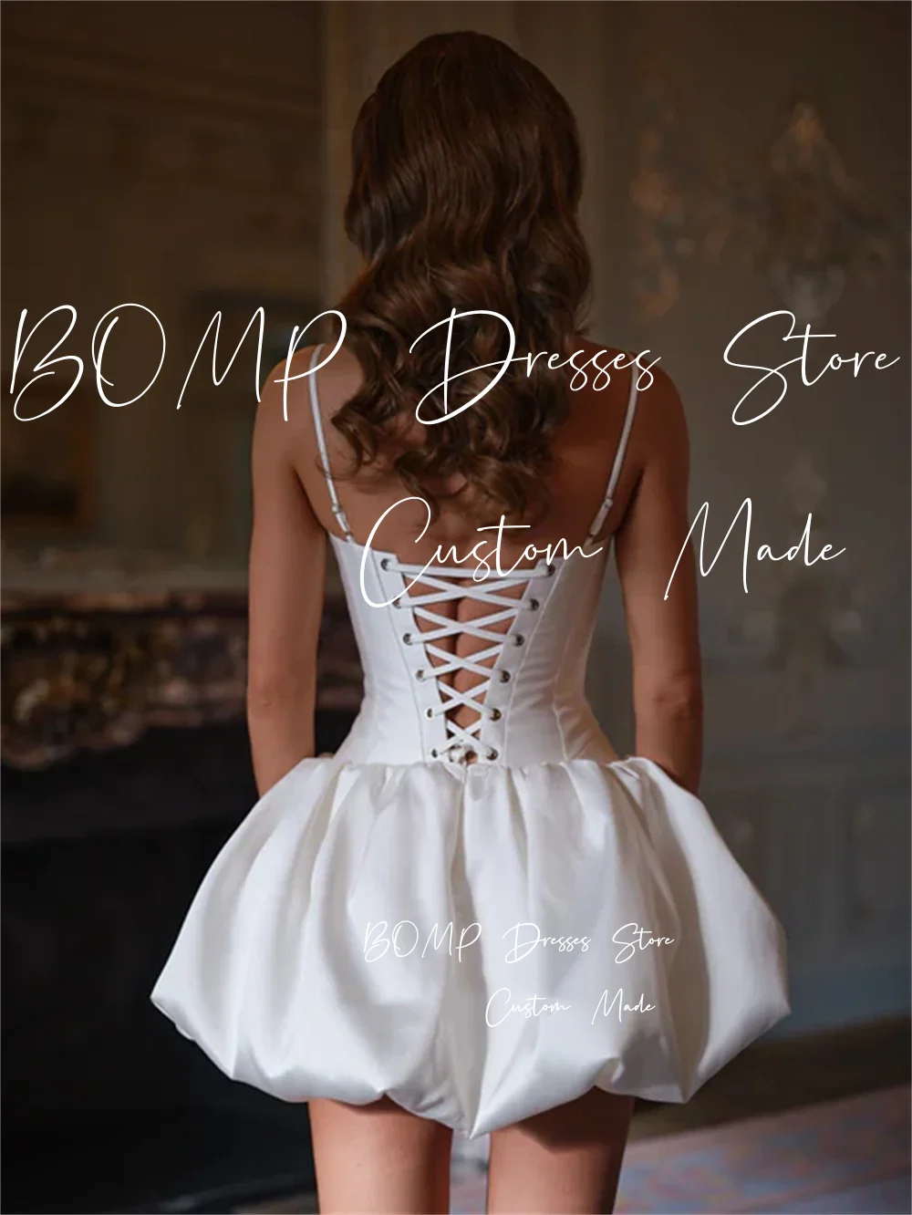 BOMP فستان حفلات الزفاف الشهير الجديد بحزامين على شكل قلب من الساتان فساتين زفاف قصيرة/ميني مصنوعة حسب الطلب 2026 Vestido De Noival #2