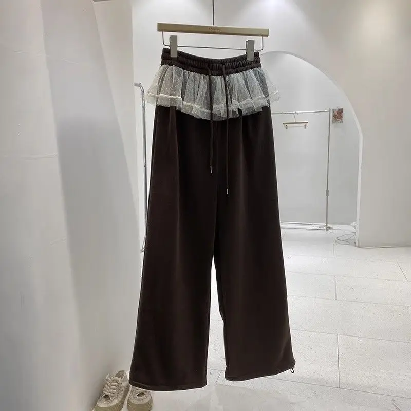 2026 FW New Lace Patchwork Elastic Waist Sweatpants Women High Waist Drawstring Straight Leg Casual Trousers