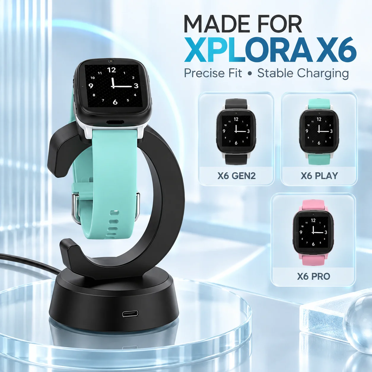 C-Shape Stand Charging Cable for Xplora X6 Play/X6 Pro/X6 Gen2 Watch, Charger Dock Magnetic Connector with Stable Charging Base