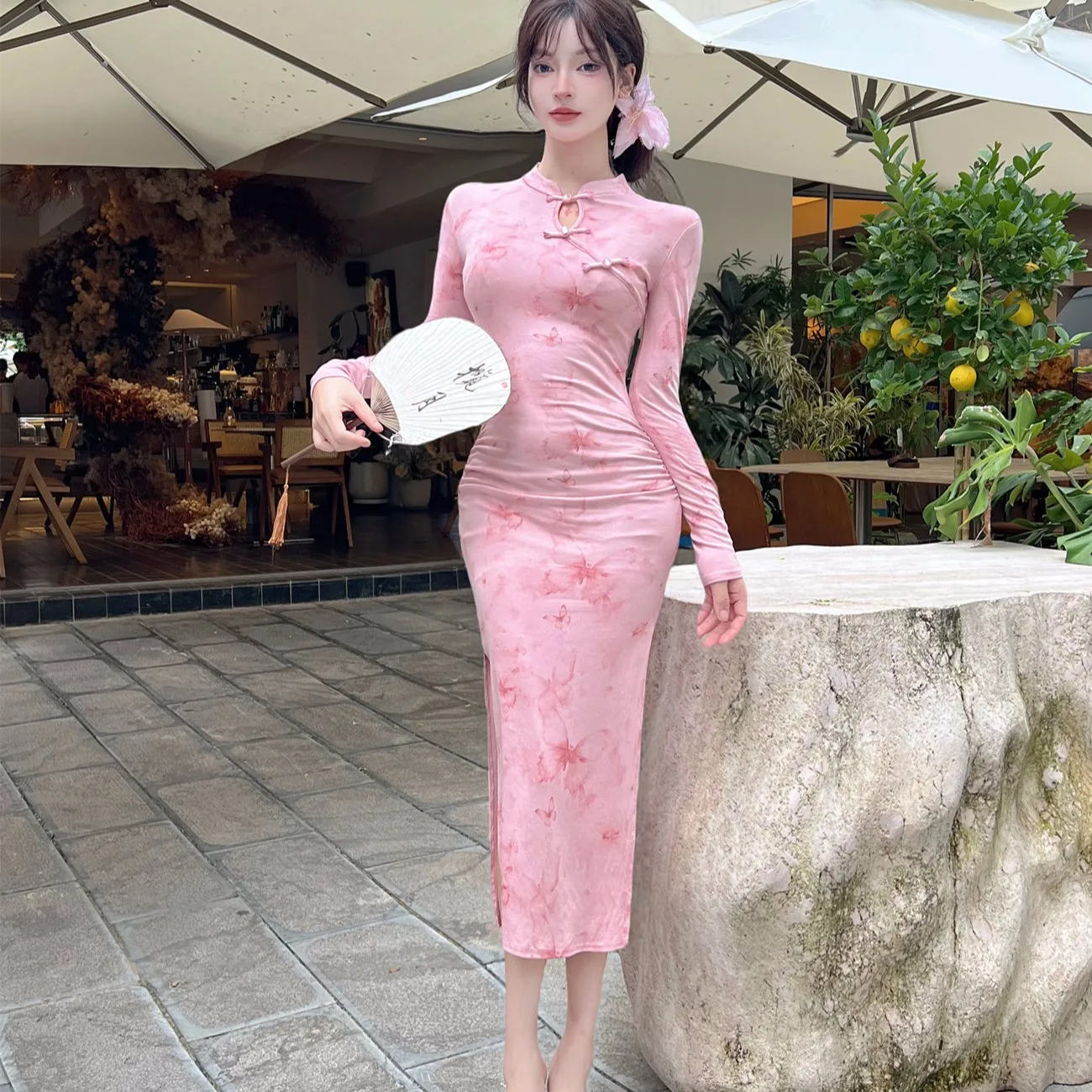 

Slimming Long Sve Vintage Improved Button Waist Cinched Long Dr New Arrival Autumn Season Sexy High Waist Bod...