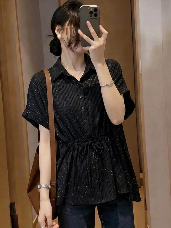 

Elegant Black V-Neck Short Sleeve Shirt Women's plus Size Fashionable Top Korean Style Commute Wind Loose Fit Breathable