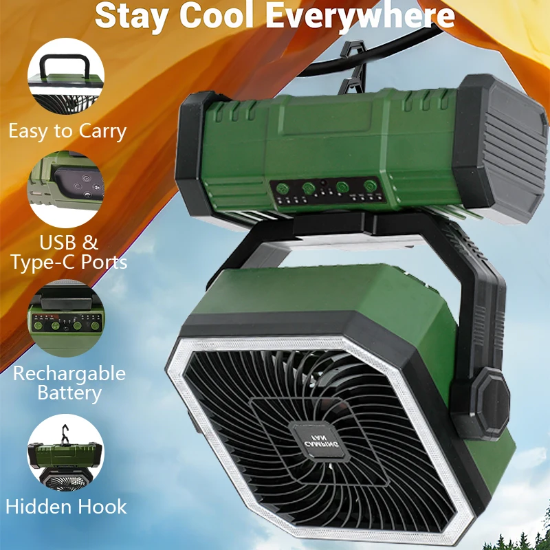 

Музыкальные особенности Портативные походные вентиляторы со светодиодной подсветкой и крючком Настольный вентилятор с аккумулятором 20000 мАч для офиса, путешествий, беговой дорожки, снаряжение для кемпинга