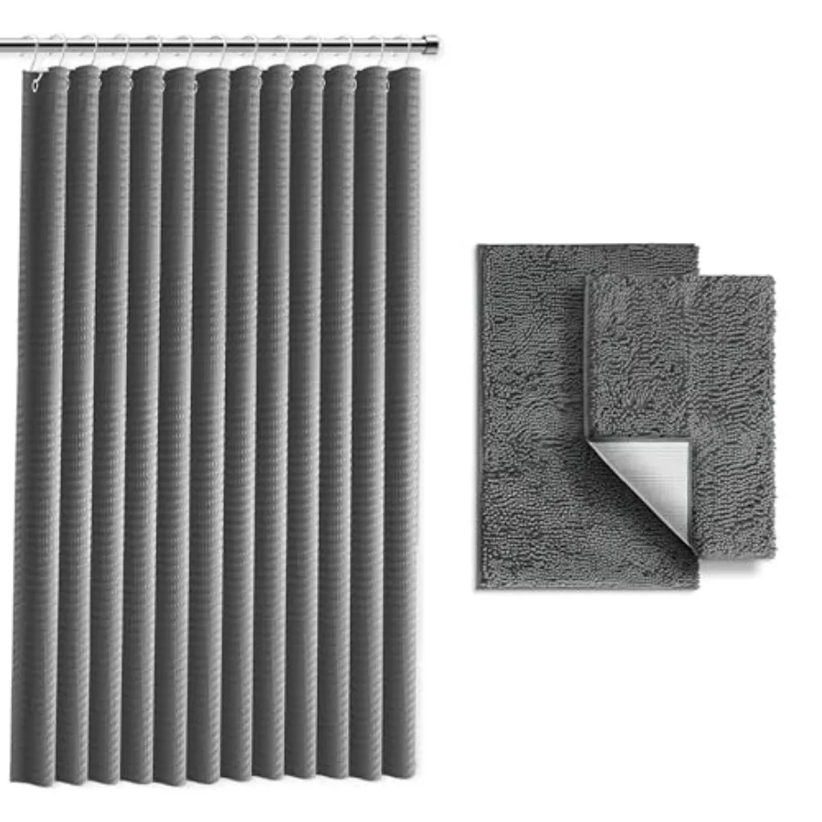 

Grey Shower Curtain Set with Rugs - Bathroom Sets with Shower Curtain and Rugs, Fabric Shower Curtains and 2 Bath Mats, Modern