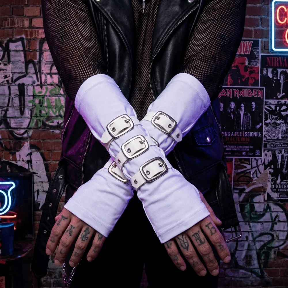 Polyester Punk Arm Sleeves White Metal Buckles Dark Gothic Arm Covers Lightweight Nonstretch Fabric Half-arm Sleeve Gloves