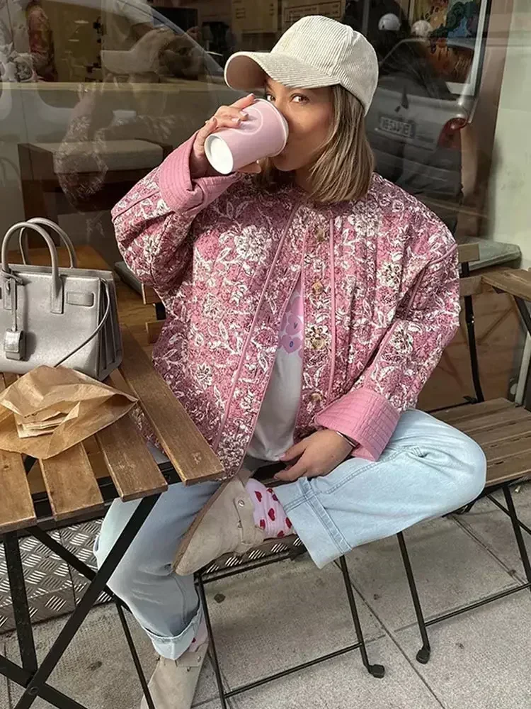 

Autumn New Retro Style French Design, Casual and Versatile Round Neck Long Sleeved Printed Short Fashionable Cotton Jacket