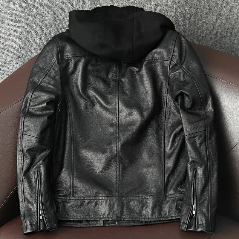 Top Layer Cowhide Leather Jacket 100% Men Remove Hooded Leather Motorcycle Suit Spring and Autumn Black Lapel Flight Jacket