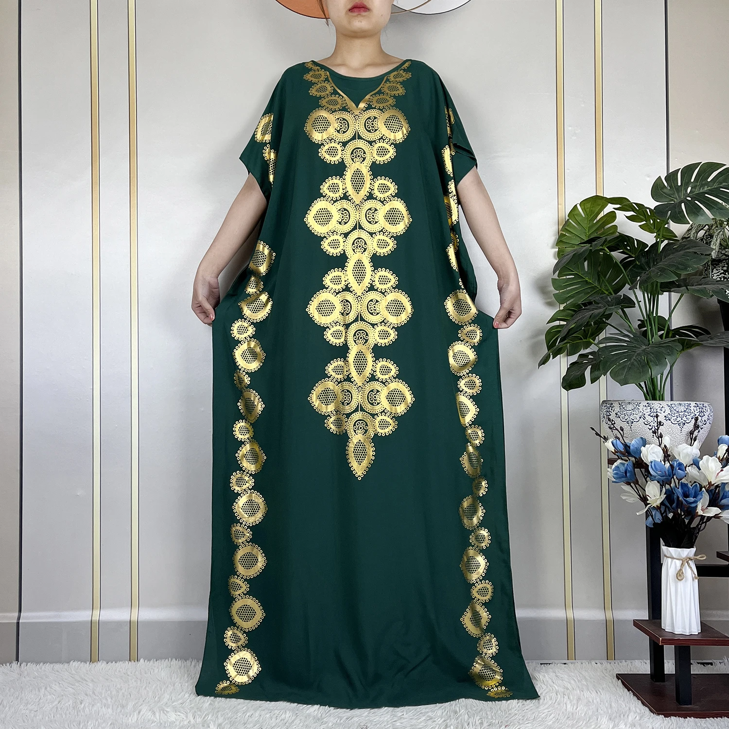 New Style African Abaya Summer Short Sleeve Loose Dress Cotton Muslim Maxi Femme Dress With Big Scarf Dubai Islam Casual Robe