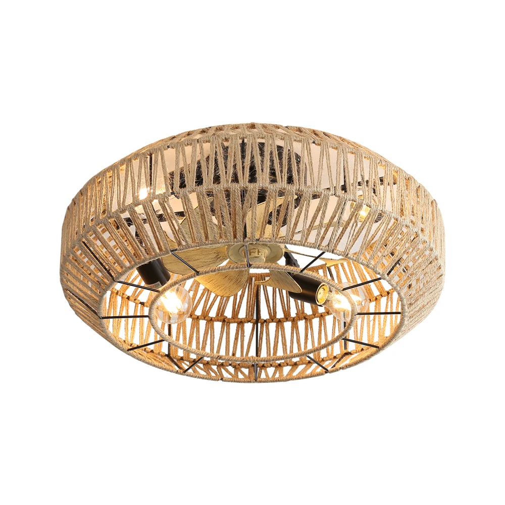 

22 Inch New Boho Caged Ceiling Fan With Enclosed Rattan 6 Speeds Remote Control Reversible DC Motor For Living Room