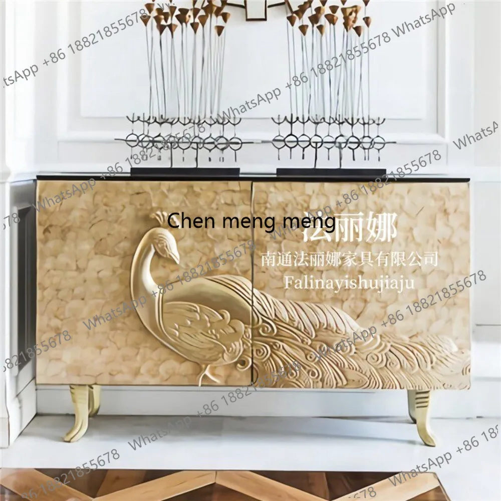 Neoclassical solid wood carving flower shell decorative cabinet light luxury secret cabinet peacock dining side cabinet