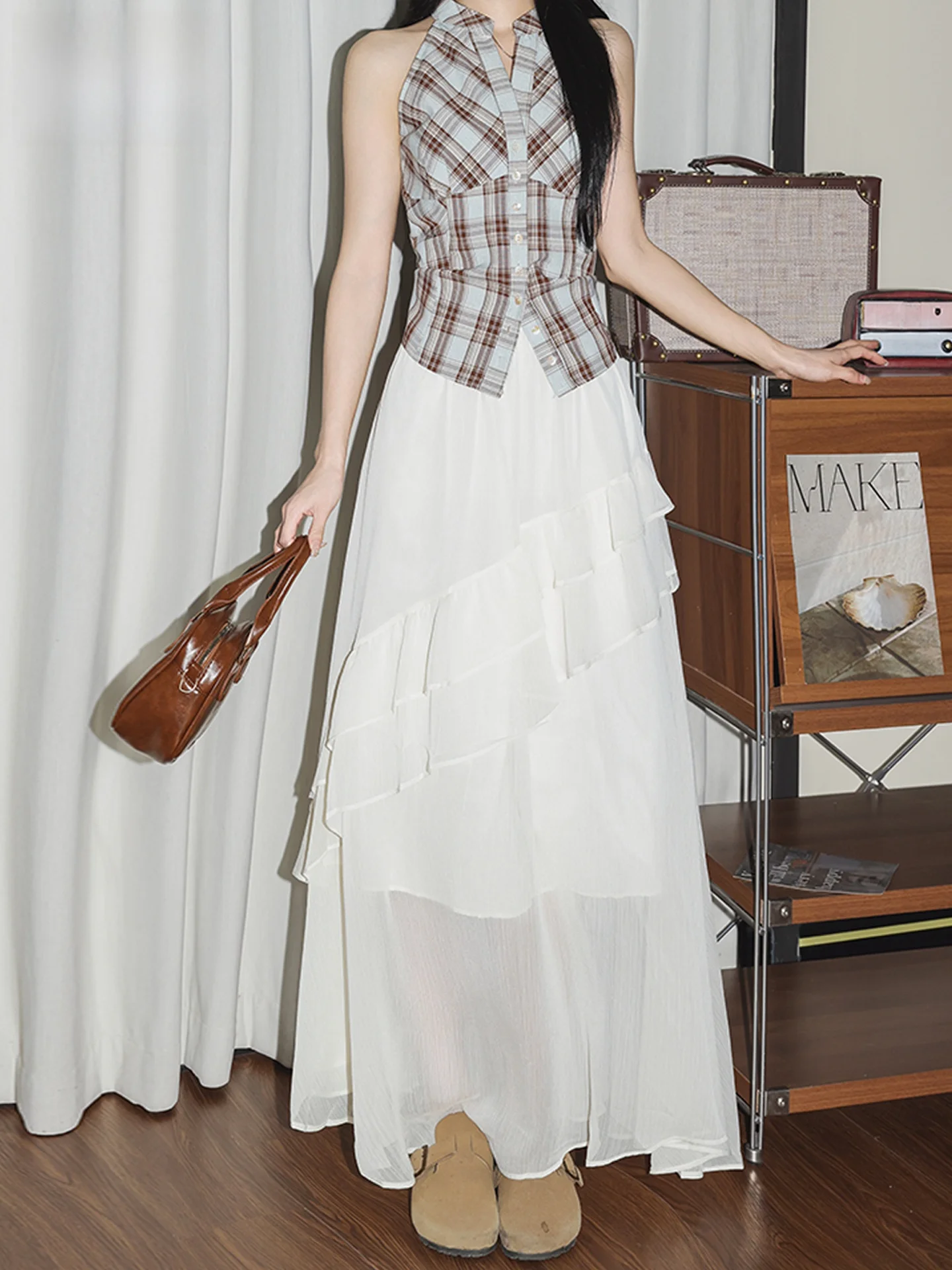 

Юбка А-силуэта цвета сакуры, женская летняя модная свободная шифоновая длинная юбка с завышенной талией, повседневный стиль