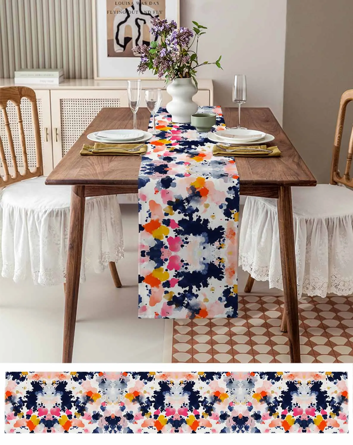 

Watercolor Ink Splash Table Runner Wedding Party Champagne Dining Room Restaurant Home Tablecloth Runners