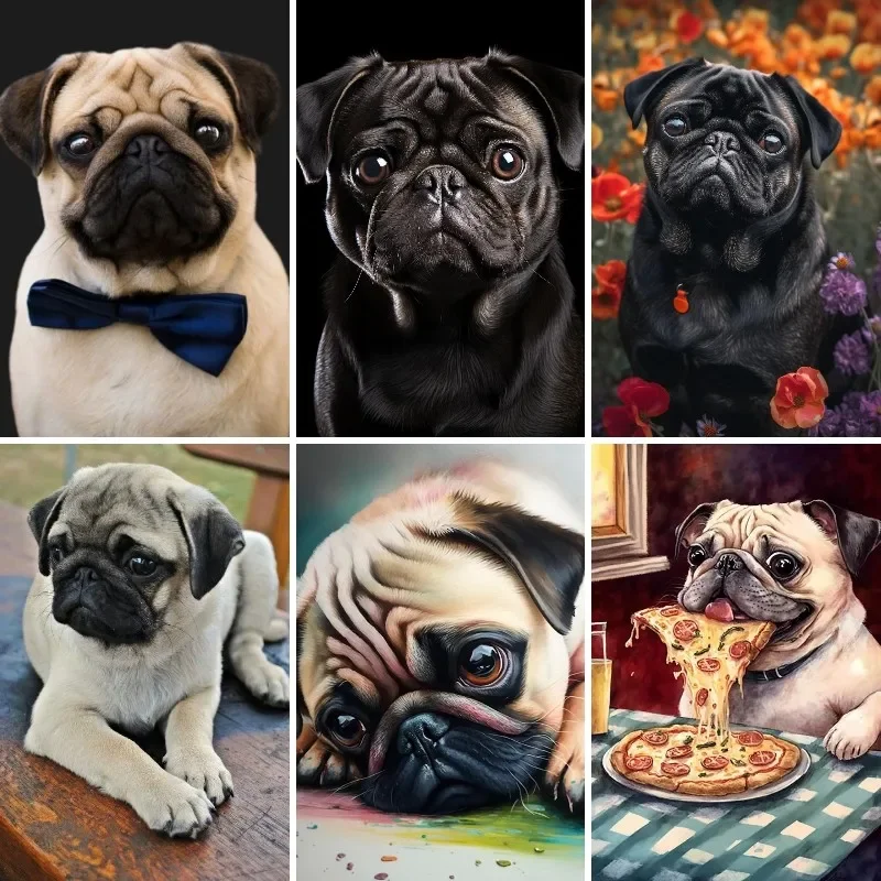 Pittura diamante 5D fai da te per numero kit per adulti, cuccioli neri Pugs cani, trapano quadrato ricamo punto croce decorazione della parete